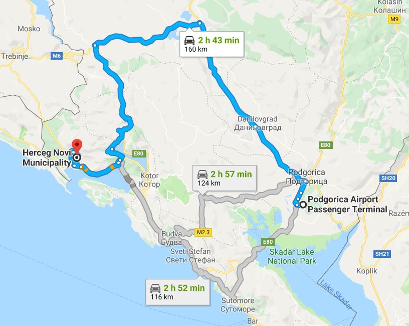 Taxi Routes Podgorica Airport to Herceg Novi